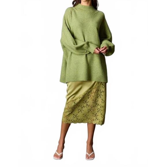 NEW BEFORE YOU satin asymmetrical lace contrast pencil midi skirt in light moss - Picture 3 of 3